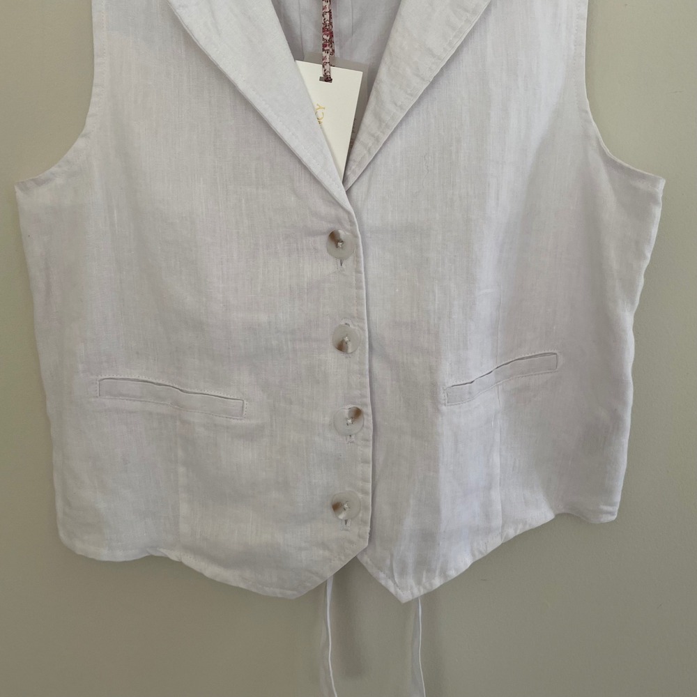 LoveShackFancy White‎ Linen Waistcoat Vest Button Front Tie Back Size 4 NEW - Picture 3 of 9